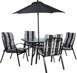 Садовая мебель Quatro: стол со стеклом, 4 стула с подушками и зонт от солнца